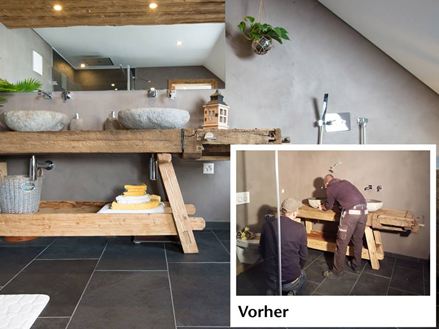 Immagine prima e dopo una ristrutturazione con piastrelle in ardesia nel bagno