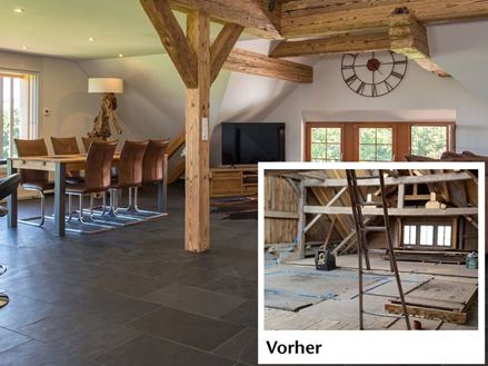 Prima e dopo una ristrutturazione con piastrelle in ardesia nel soggiorno