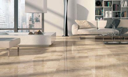 Soggiorno moderno con Piastrelle beige effetto marmo
