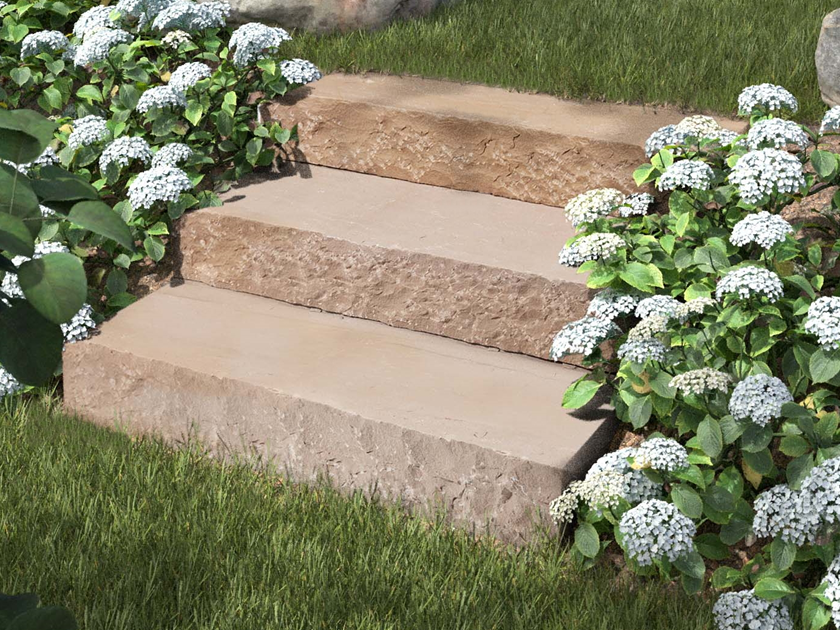 Gradini a blocco in pietra arenaria di Modak con fiori e arbusti