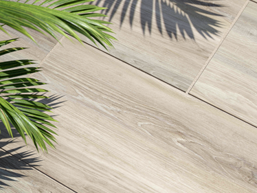 Vista dall'alto: lastra per patio effetto legno Amber Oak con decorazione di palme