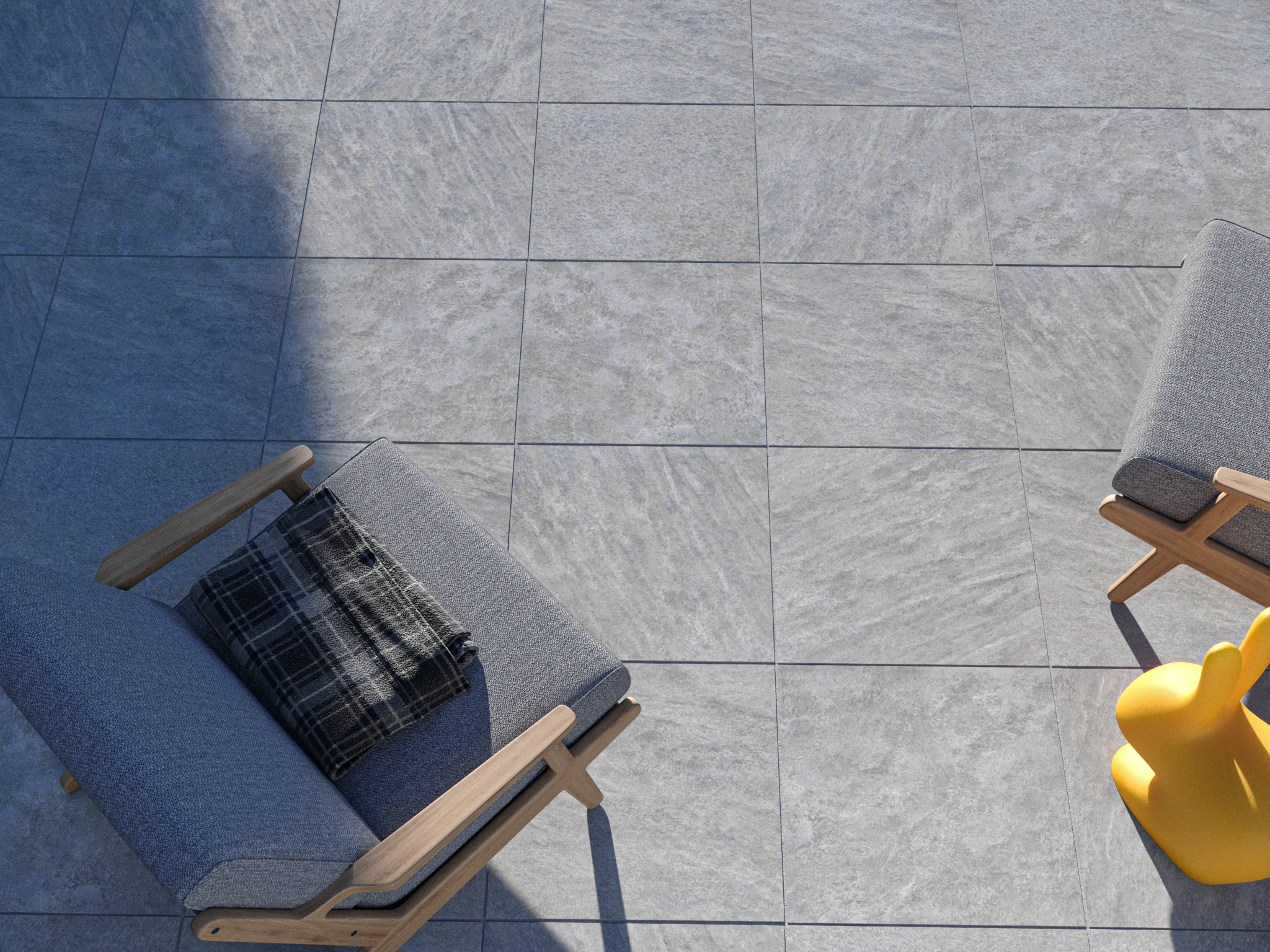 Lastra per patio in quarzite Classic Grey con mobili da esterno