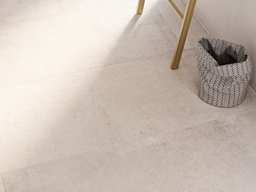 Piastrelle effetto cemento Urban Pearl vista dall'alto con decorazione