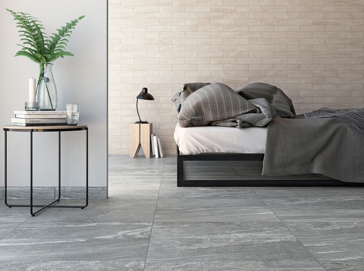 Look elegante e moderno con le Piastrelle Dolomit Silver effetto granito Camera da letto con piastrelle Dolomit Silver effetto granito