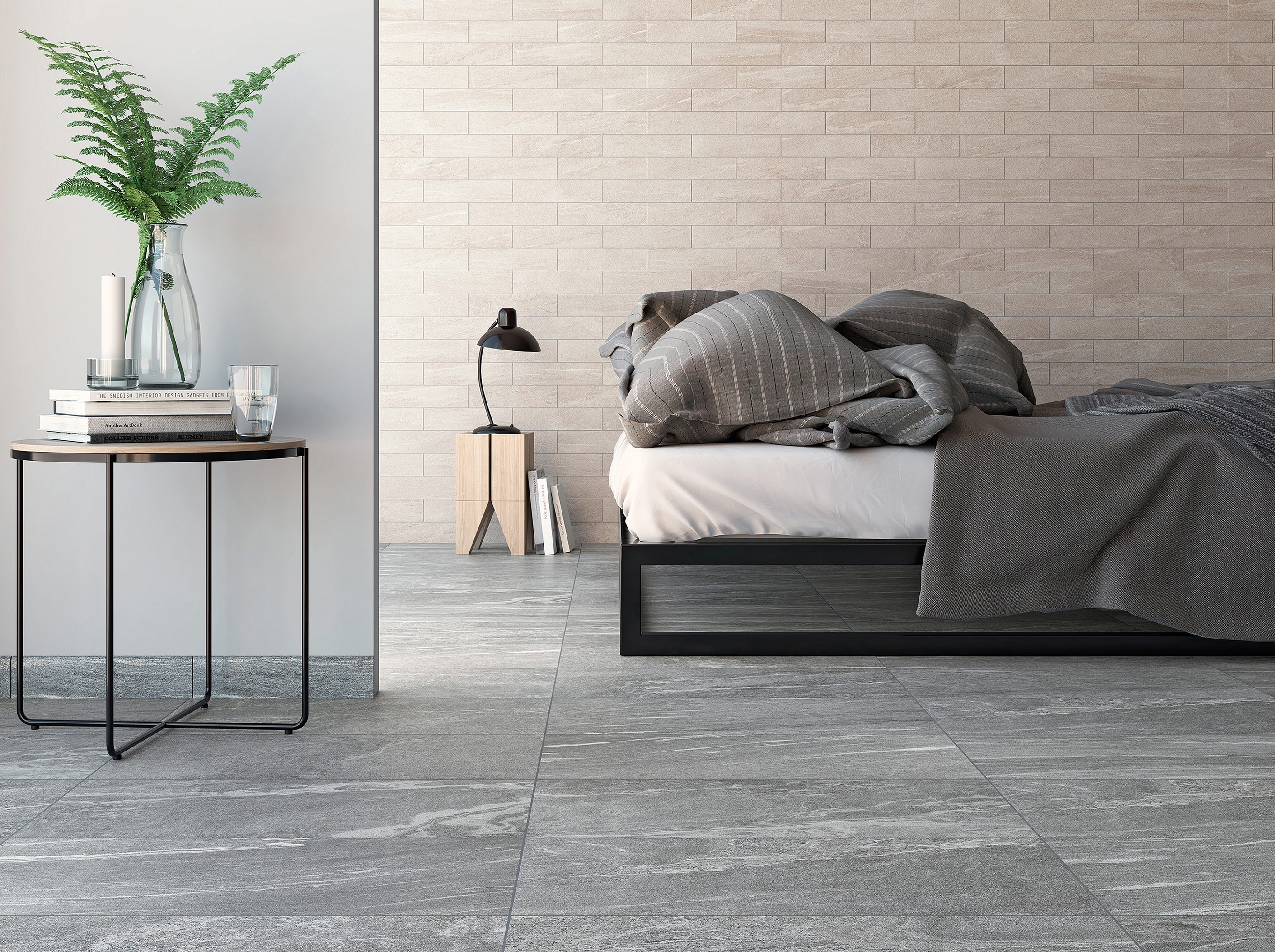 Camera da letto con piastrelle Dolomit Silver effetto granito