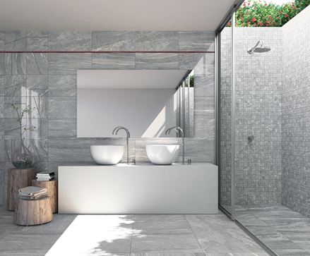 Bagno con piastrelle in gres porcellanato Dolomit Silver