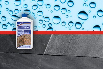 Un flacone di impregnante davanti a piastrelle di ardesia e una grafica con gocce d'acqua