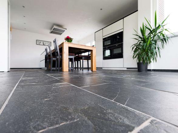 Prospettiva della rana su pavimento in ardesia Black Rustic