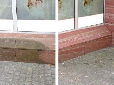 Facciata in pietra arenaria prima e dopo la rimozione del rivestimento verde