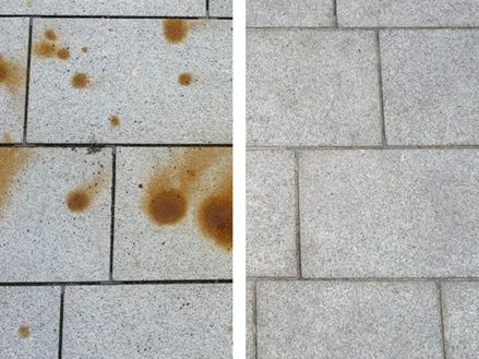 Pulizia di lastre di granito con macchie di ruggine Prima e dopo il confronto