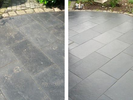 Confronto prima e dopo la pulizia delle piastrelle in ardesia sulla terrazza