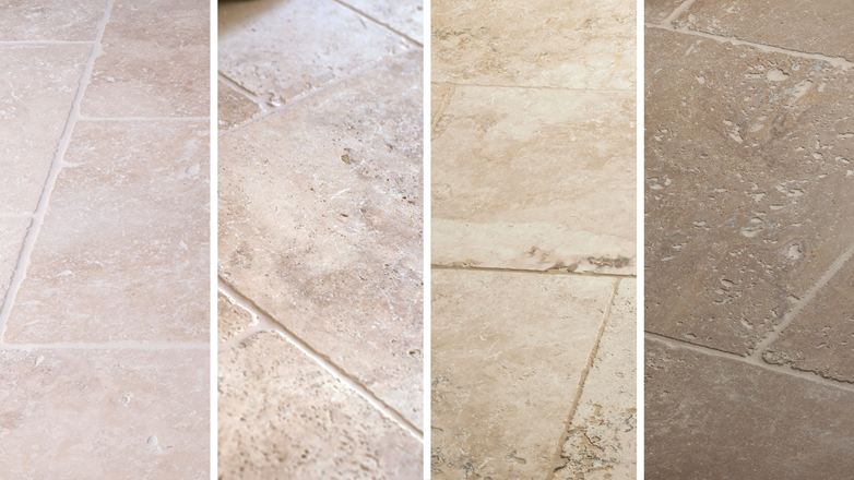 Il travertino burattato può avere tante facce: Travertino Light, Medium, Rustic e Noce a confronto (da sinistra a destra)