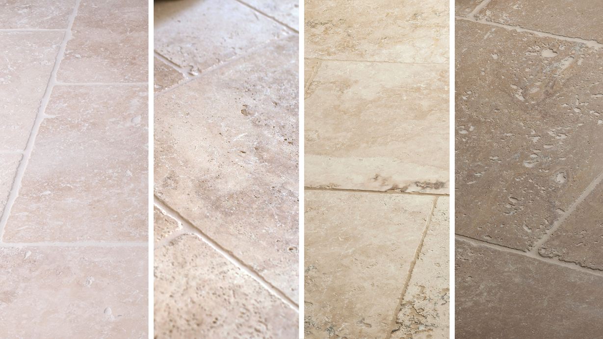 Il travertino burattato può avere tante facce: Travertino Light, Medium, Rustic e Noce a confronto (da sinistra a destra)