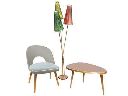 Tipico arredamento retrò: lampada da terra con paralumi dai colori vivaci e forma di rene.